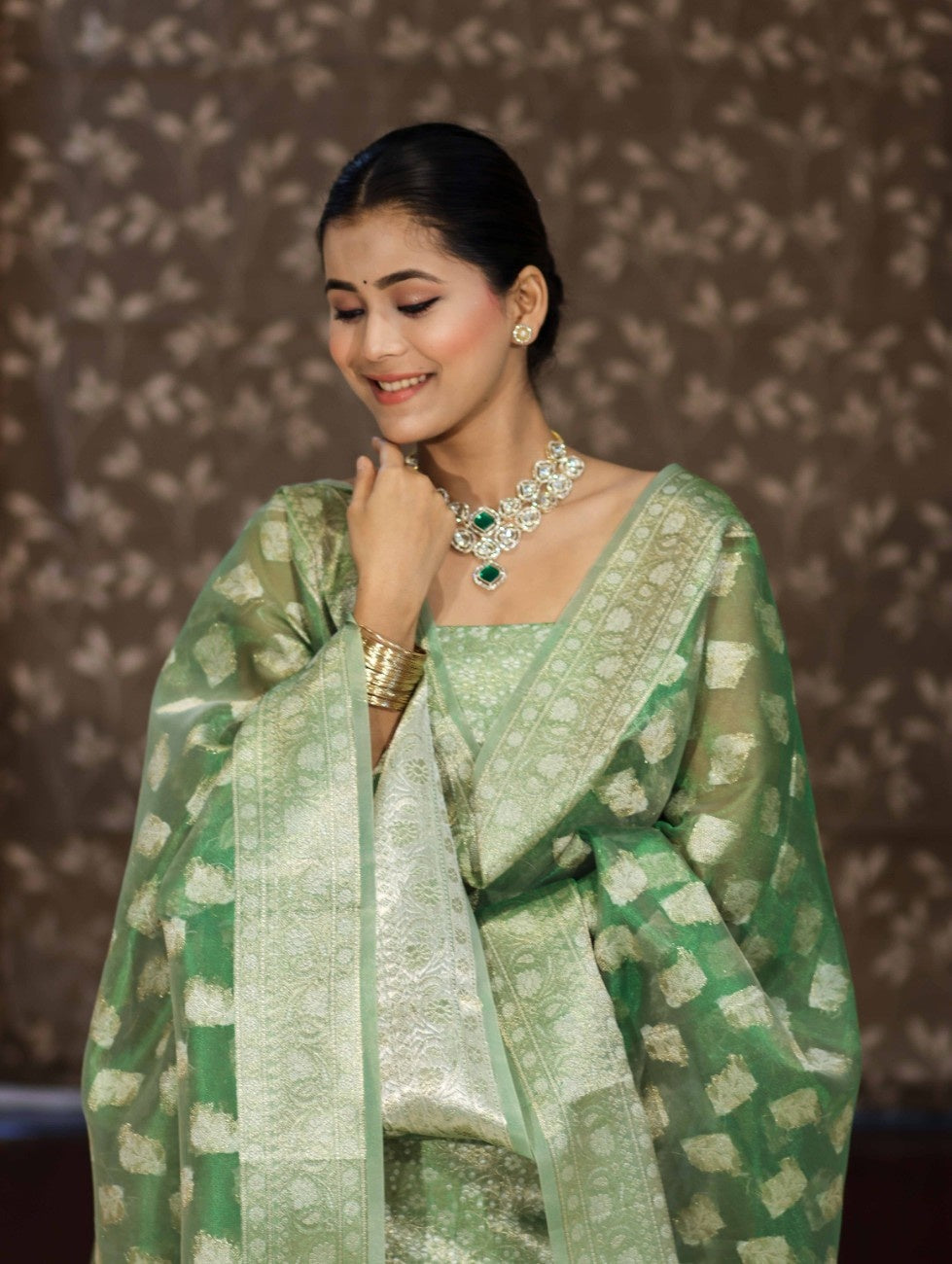 Banarasee Tissue Zari Weaving Salwar Kameez Fabric With Dupatta Set-Green
