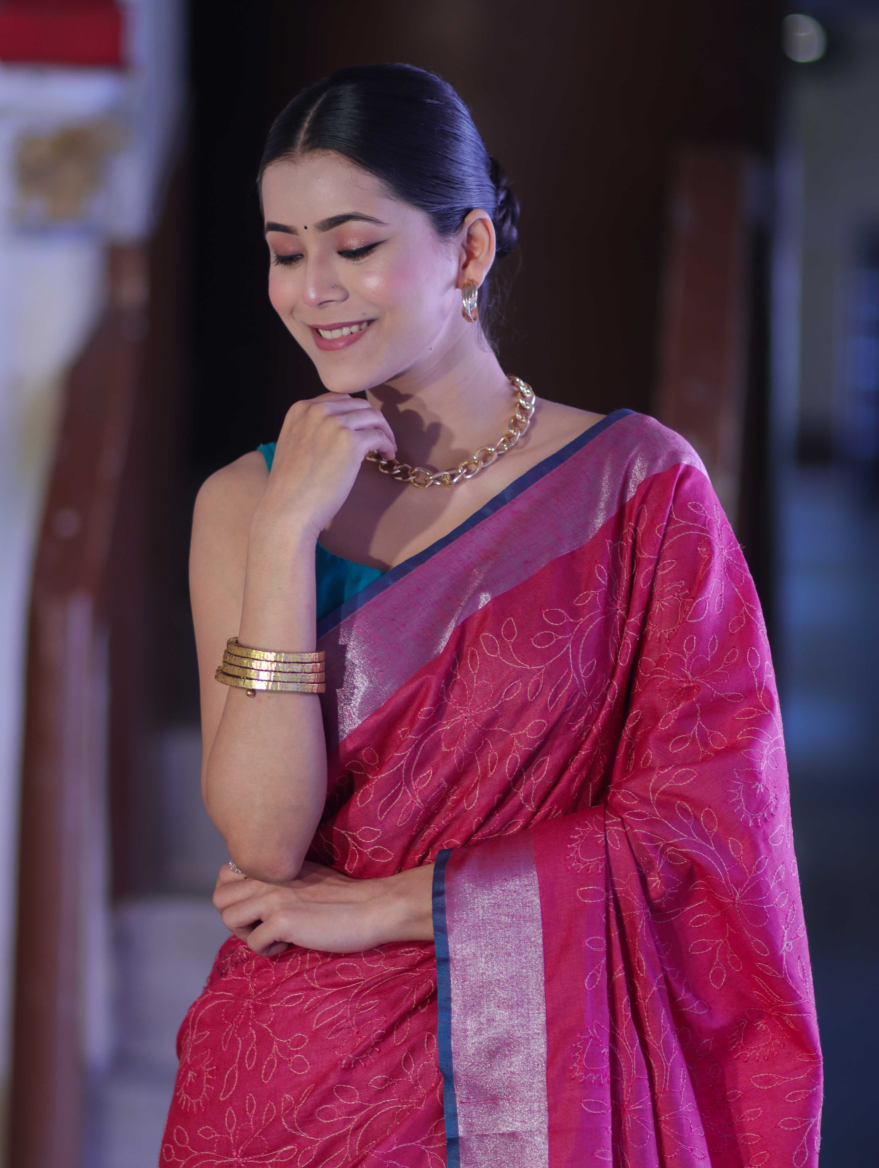 Bhagalpur Handloom Pure Linen Saree With Floral Thread Embroidery-Magenta & Green