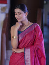 Bhagalpur Handloom Pure Linen Saree With Floral Thread Embroidery-Magenta & Green