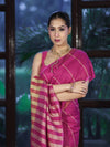 Bhagalpur Handloom Pure Linen Cotton Saree With Zari Stripes Design-Magenta