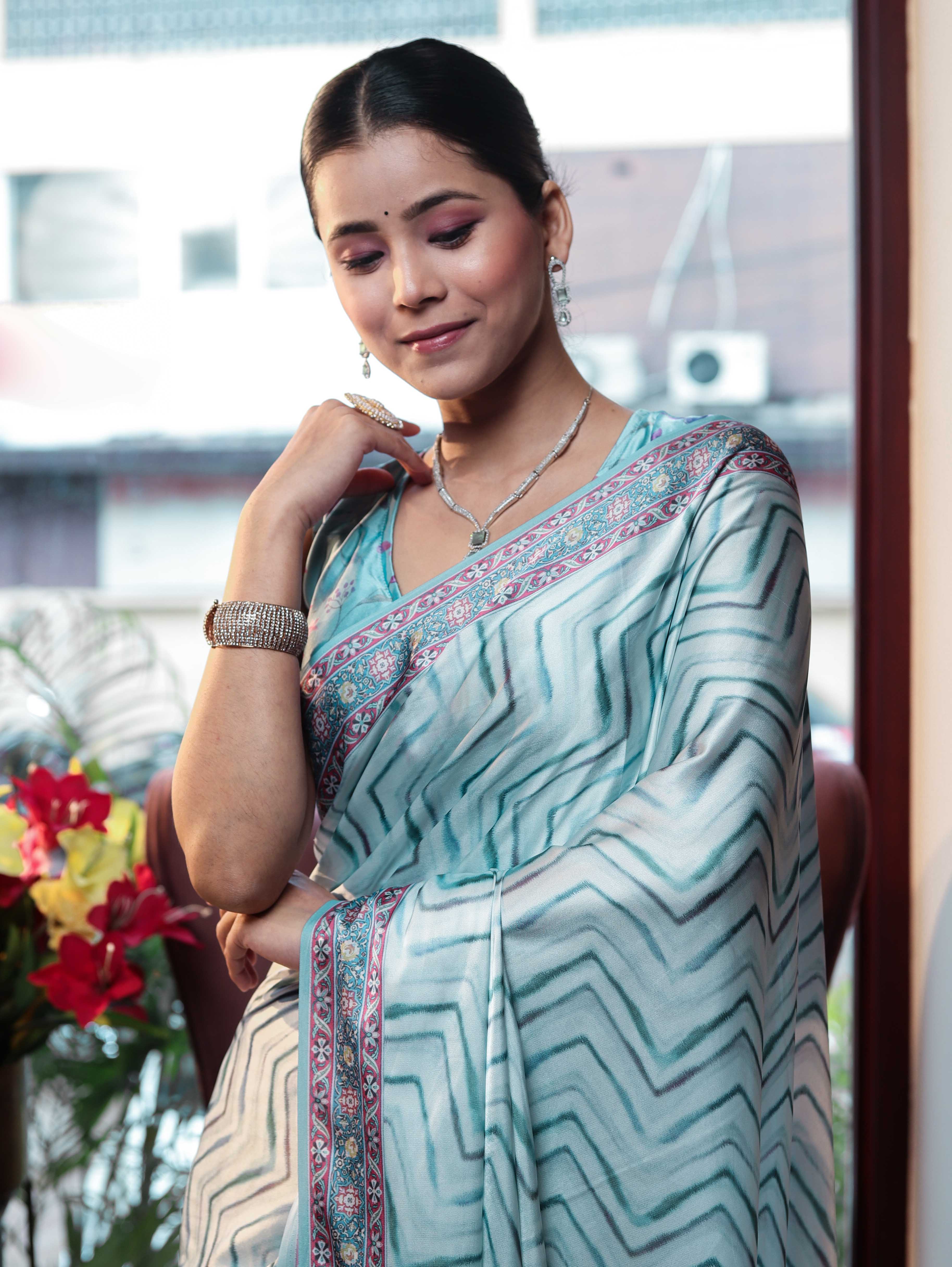 Banarasee Handwoven Satin Zigzag Printed Saree-Aqua Blue