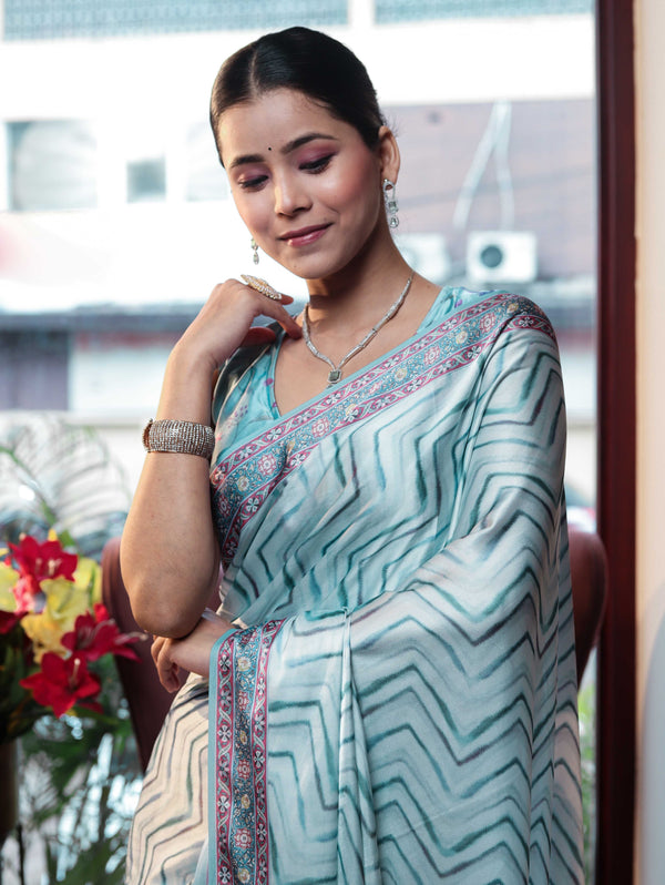 Banarasee Handwoven Satin Zigzag Printed Saree-Aqua Blue