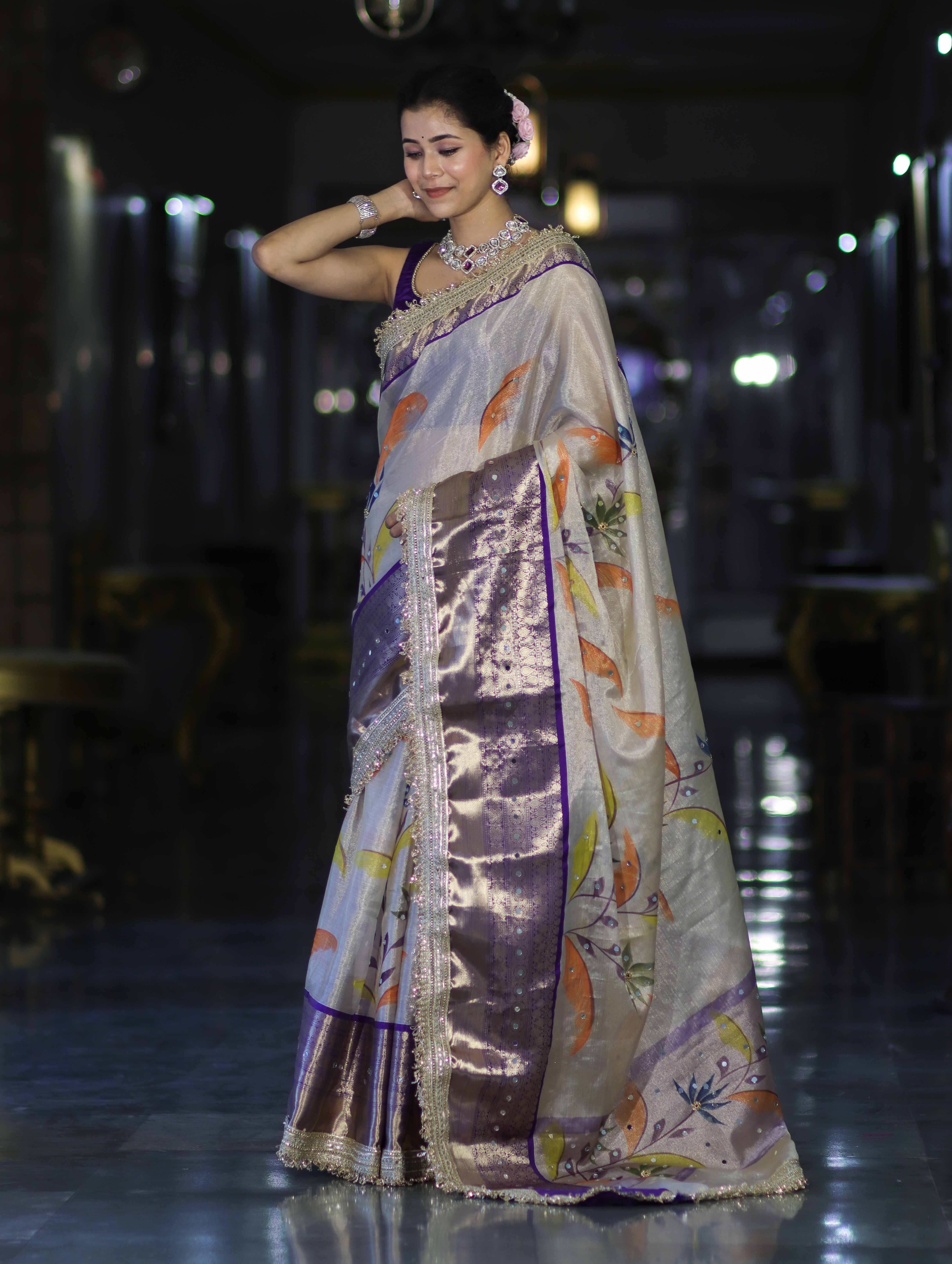Banarasee Tissue Hand Embroidered Mirror Work Saree With Digital Prints & Lace-Cream & Violet