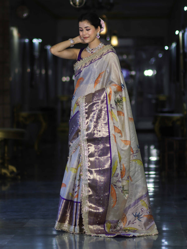 Banarasee Tissue Hand Embroidered Mirror Work Saree With Digital Prints & Lace-Cream & Violet