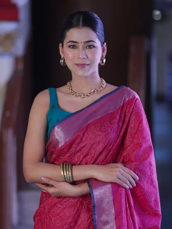 Bhagalpur Handloom Pure Linen Saree With Floral Thread Embroidery-Magenta & Green
