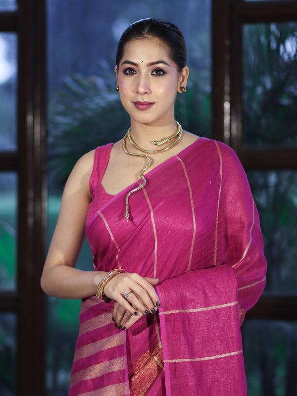 Bhagalpur Handloom Pure Linen Cotton Saree With Zari Stripes Design-Magenta