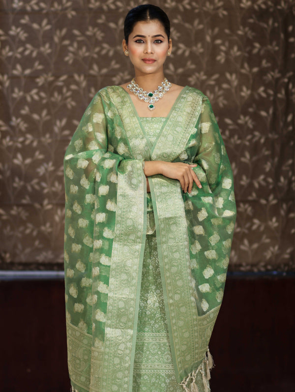 Banarasee Tissue Zari Weaving Salwar Kameez Fabric With Dupatta Set-Green