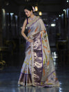 Banarasee Tissue Hand Embroidered Mirror Work Saree With Digital Prints & Lace-Cream & Violet