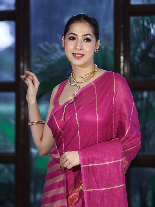 Bhagalpur Handloom Pure Linen Cotton Saree With Zari Stripes Design-Magenta