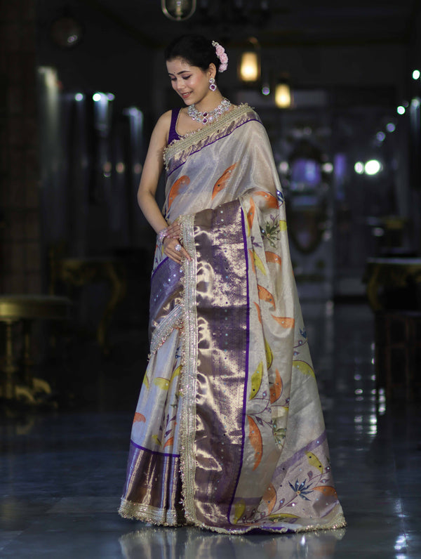 Banarasee Tissue Hand Embroidered Mirror Work Saree With Digital Prints & Lace-Cream & Violet