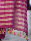 Bhagalpur Handloom Pure Linen Cotton Saree With Zari Stripes Design-Magenta