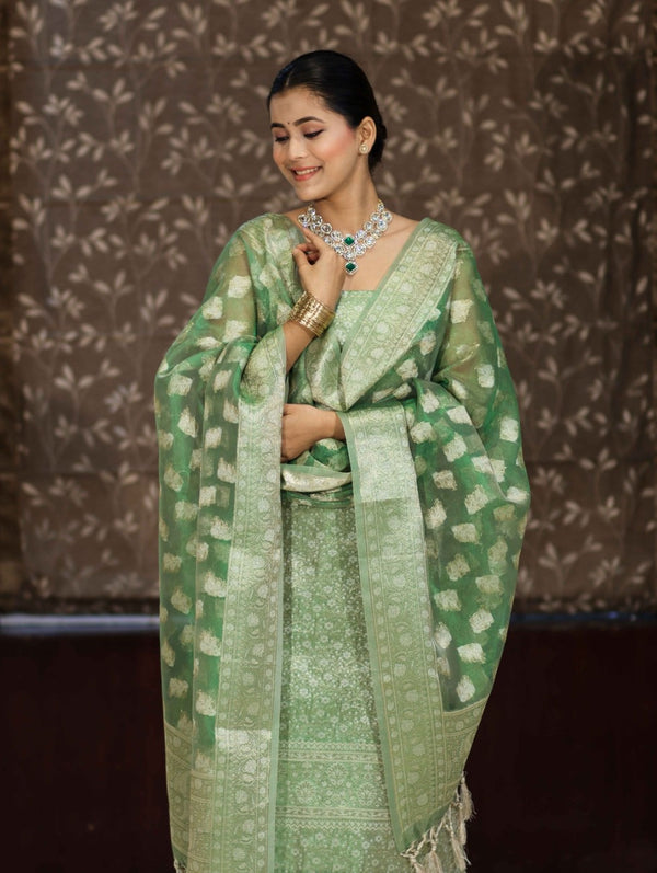 Banarasee Tissue Zari Weaving Salwar Kameez Fabric With Dupatta Set-Green