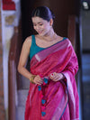 Bhagalpur Handloom Pure Linen Saree With Floral Thread Embroidery-Magenta & Green