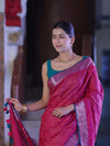 Bhagalpur Handloom Pure Linen Saree With Floral Thread Embroidery-Magenta & Green
