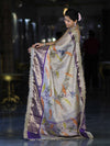 Banarasee Tissue Hand Embroidered Mirror Work Saree With Digital Prints & Lace-Cream & Violet