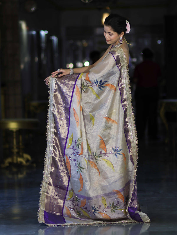 Banarasee Tissue Hand Embroidered Mirror Work Saree With Digital Prints & Lace-Cream & Violet