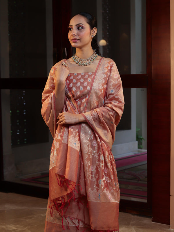Banarasee Cotton Silk Zari Work Salwar Kameez Fabric With Dupatta Set-Peach