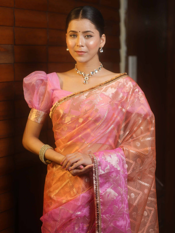 Banarasee Organza Saree With Gold Zari Jaal Design & Dual Color-Peach & Pink