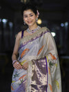 Banarasee Tissue Hand Embroidered Mirror Work Saree With Digital Prints & Lace-Cream & Violet