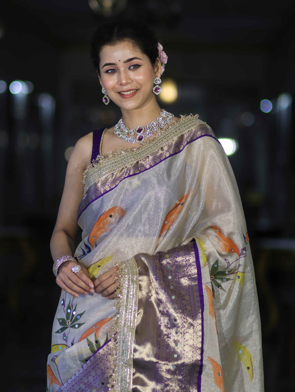 Banarasee Tissue Hand Embroidered Mirror Work Saree With Digital Prints & Lace-Cream & Violet