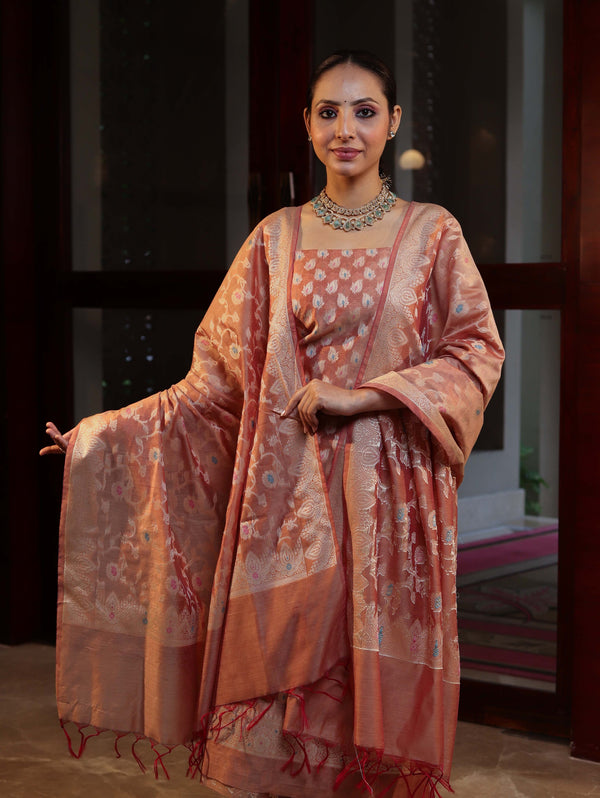 Banarasee Cotton Silk Zari Work Salwar Kameez Fabric With Dupatta Set-Peach