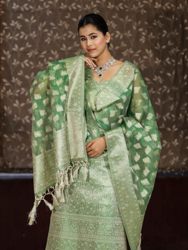 Banarasee Tissue Zari Weaving Salwar Kameez Fabric With Dupatta Set-Green