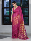Bhagalpur Handloom Pure Linen Cotton Saree With Zari Stripes Design-Magenta