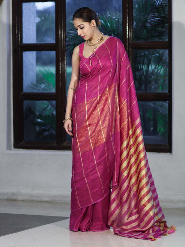 Bhagalpur Handloom Pure Linen Cotton Saree With Zari Stripes Design-Magenta