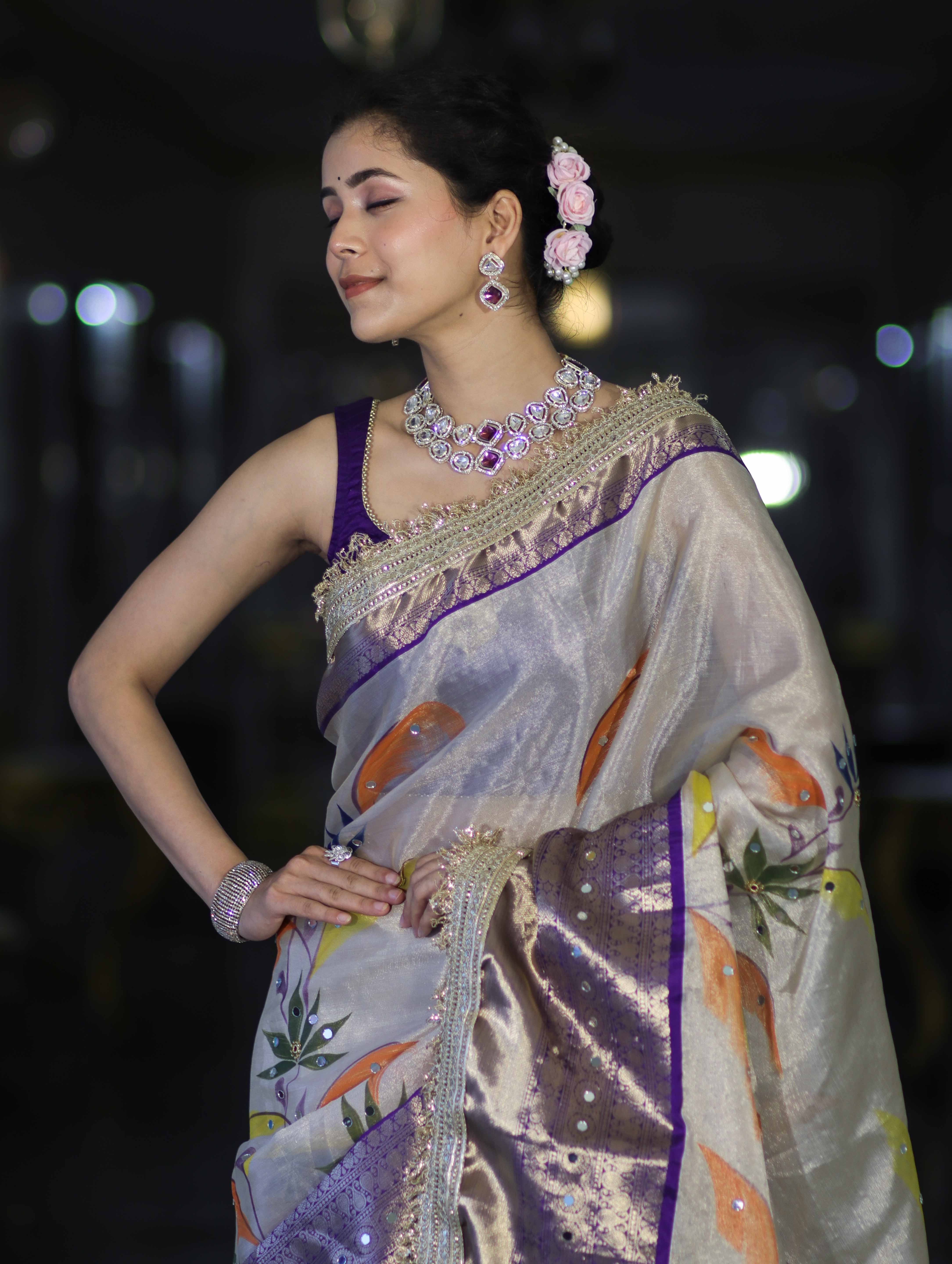 Banarasee Tissue Hand Embroidered Mirror Work Saree With Digital Prints & Lace-Cream & Violet