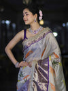 Banarasee Tissue Hand Embroidered Mirror Work Saree With Digital Prints & Lace-Cream & Violet