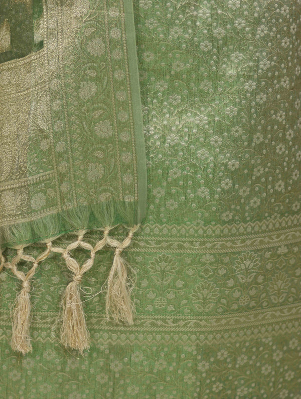 Banarasee Tissue Zari Weaving Salwar Kameez Fabric With Dupatta Set-Green