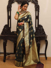 Banarasee Handwoven Semi-Katan Tanchoi Weaving Floral Border Saree-Deep Green