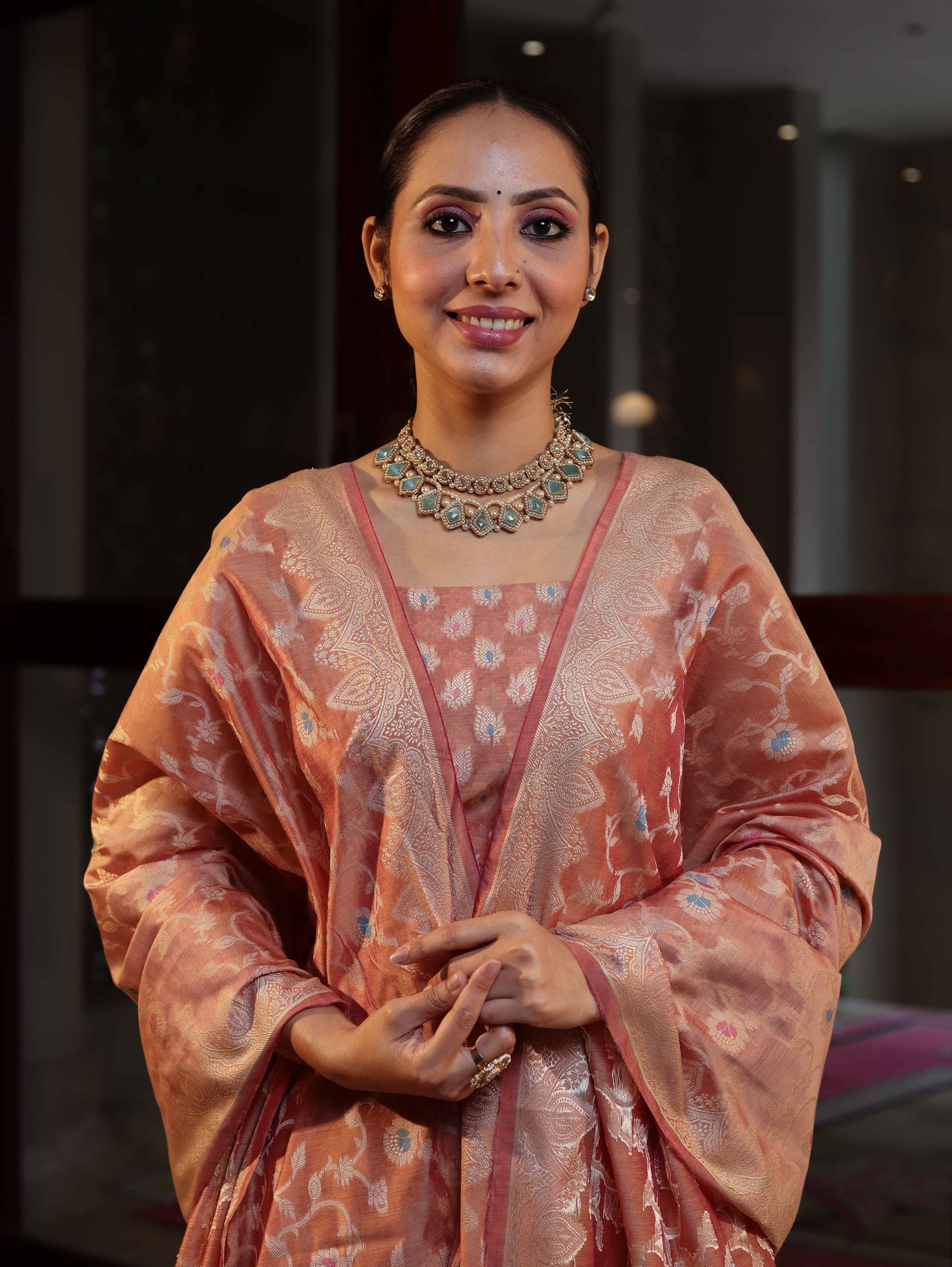 Banarasee Cotton Silk Zari Work Salwar Kameez Fabric With Dupatta Set-Peach
