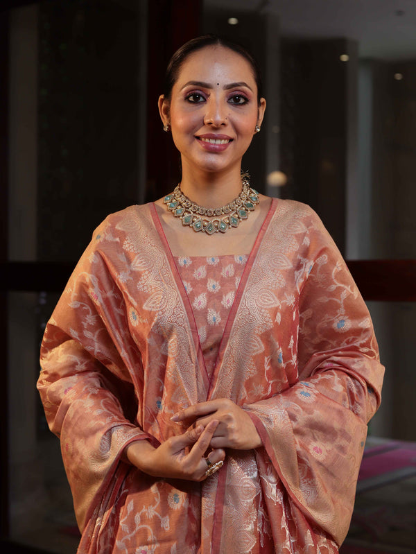 Banarasee Cotton Silk Zari Work Salwar Kameez Fabric With Dupatta Set-Peach