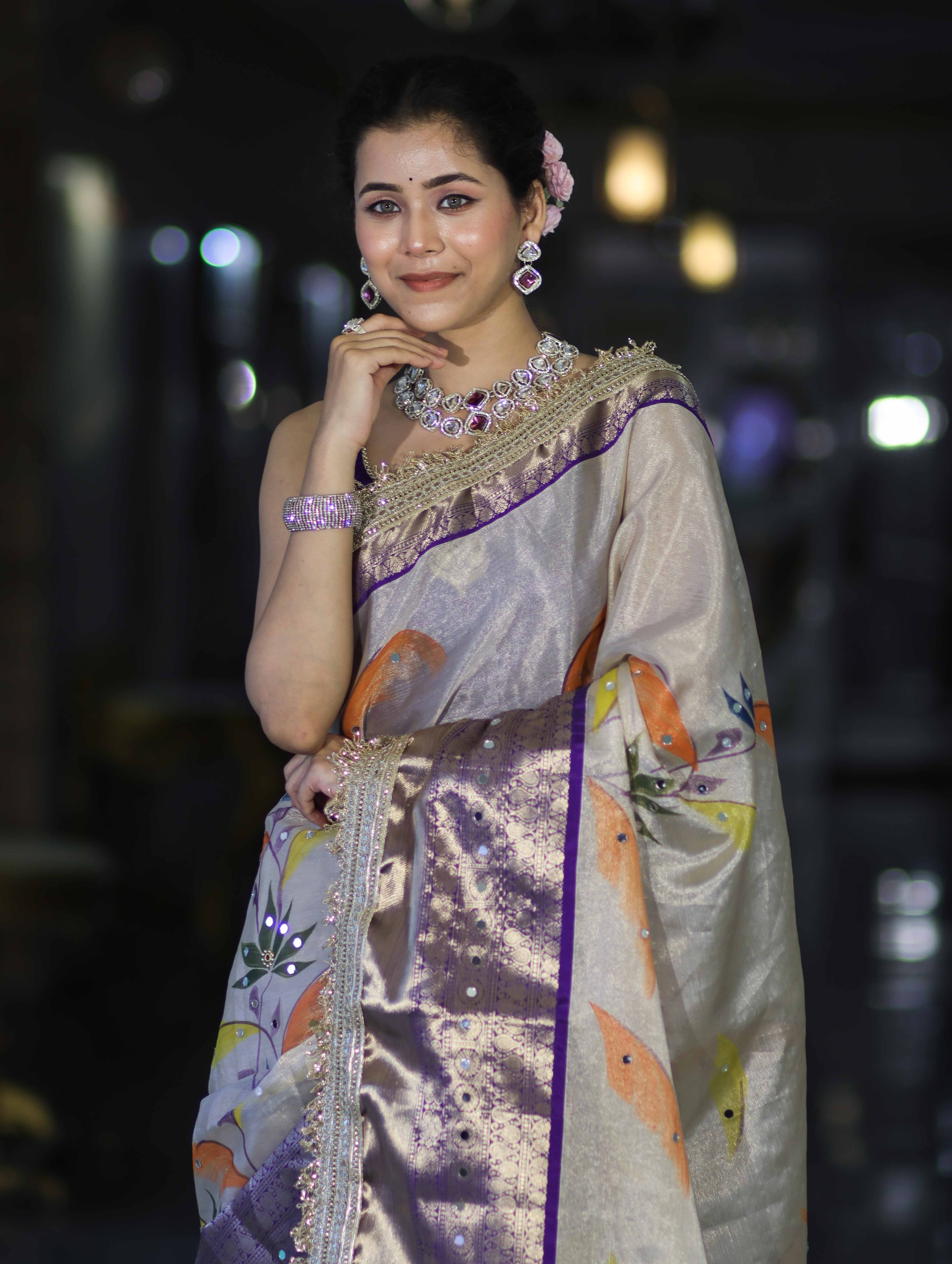Banarasee Tissue Hand Embroidered Mirror Work Saree With Digital Prints & Lace-Cream & Violet