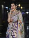 Banarasee Tissue Hand Embroidered Mirror Work Saree With Digital Prints & Lace-Cream & Violet