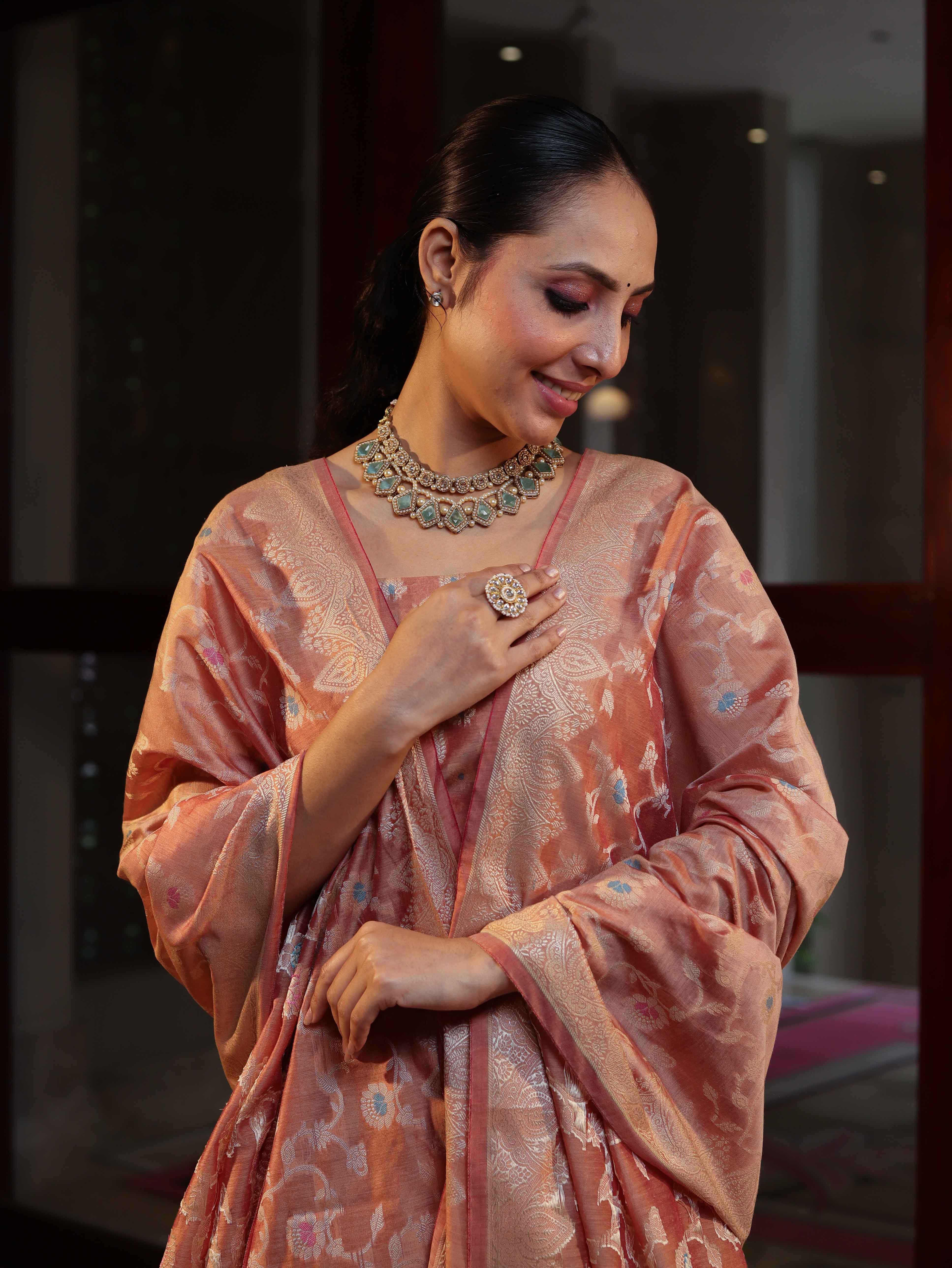 Banarasee Cotton Silk Zari Work Salwar Kameez Fabric With Dupatta Set-Peach