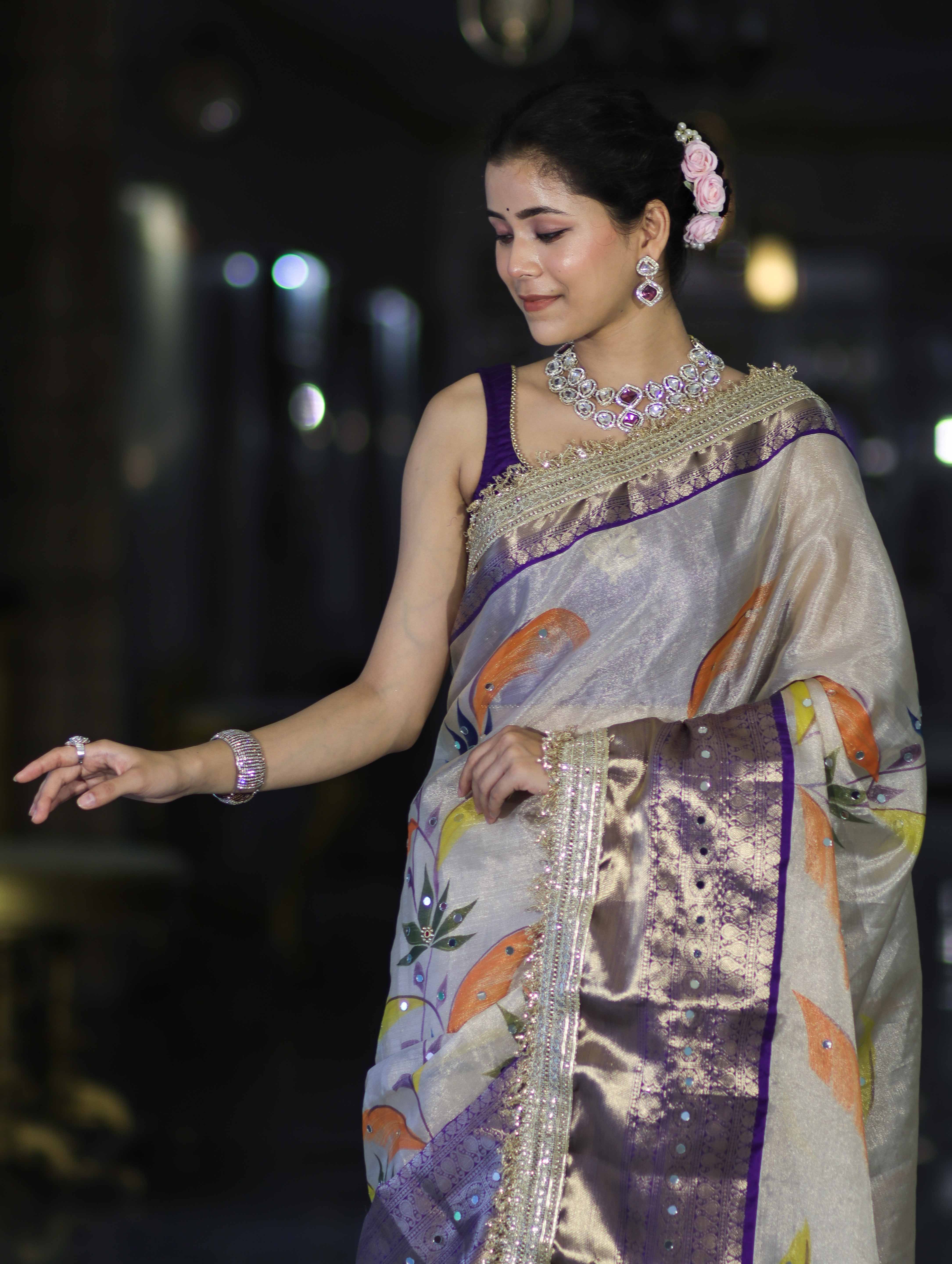 Banarasee Tissue Hand Embroidered Mirror Work Saree With Digital Prints & Lace-Cream & Violet