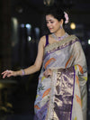 Banarasee Tissue Hand Embroidered Mirror Work Saree With Digital Prints & Lace-Cream & Violet