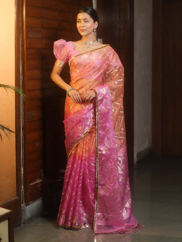 Banarasee Organza Saree With Gold Zari Jaal Design & Dual Color-Peach & Pink