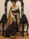 Banarasee Handwoven Semi-Katan Tanchoi Weaving Floral Border Saree-Deep Green