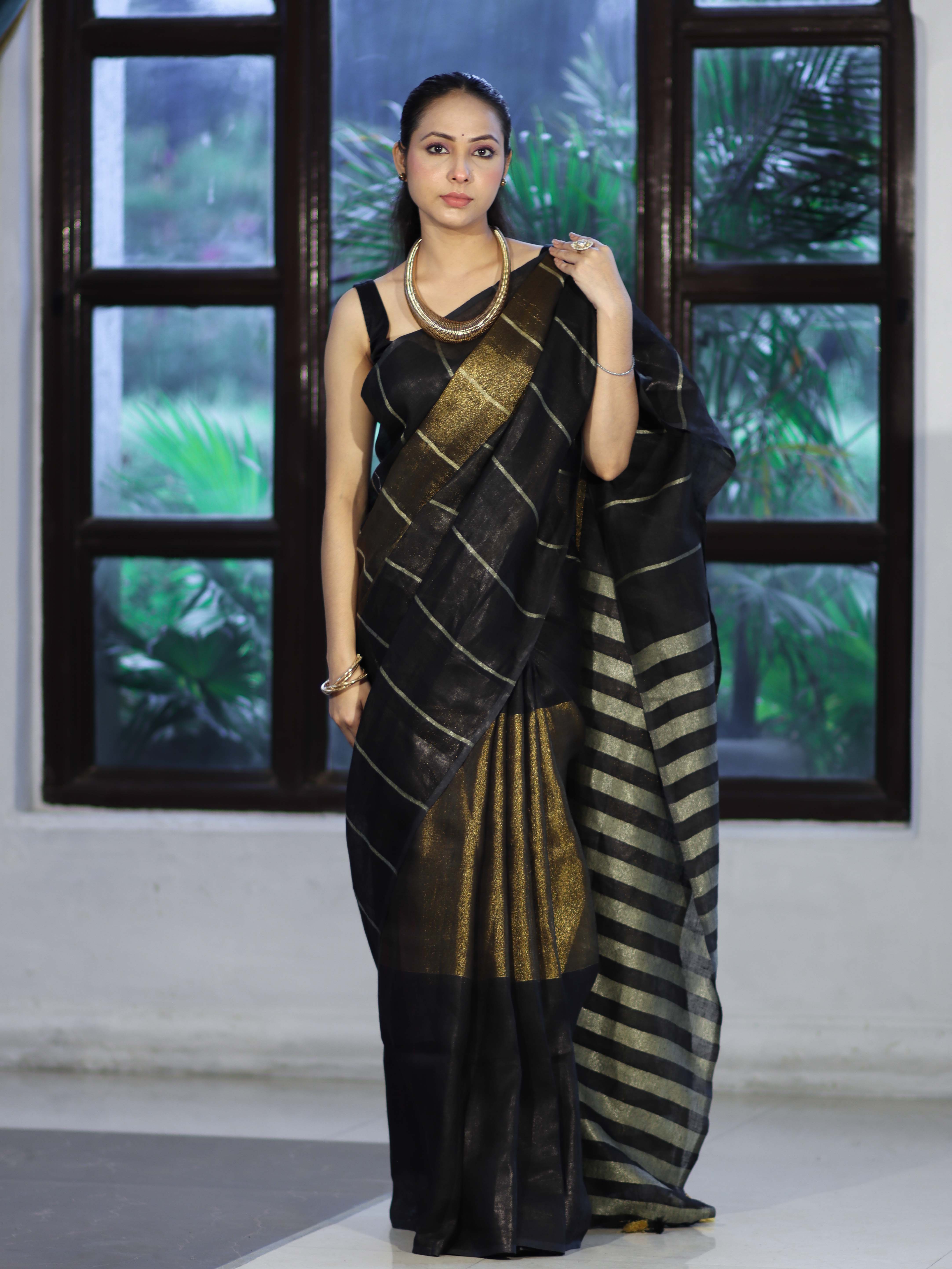 Bhagalpur Handloom Pure Linen Cotton Saree With Zari Stripes Design-Black & Gold