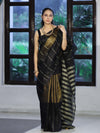 Bhagalpur Handloom Pure Linen Cotton Saree With Zari Stripes Design-Black & Gold