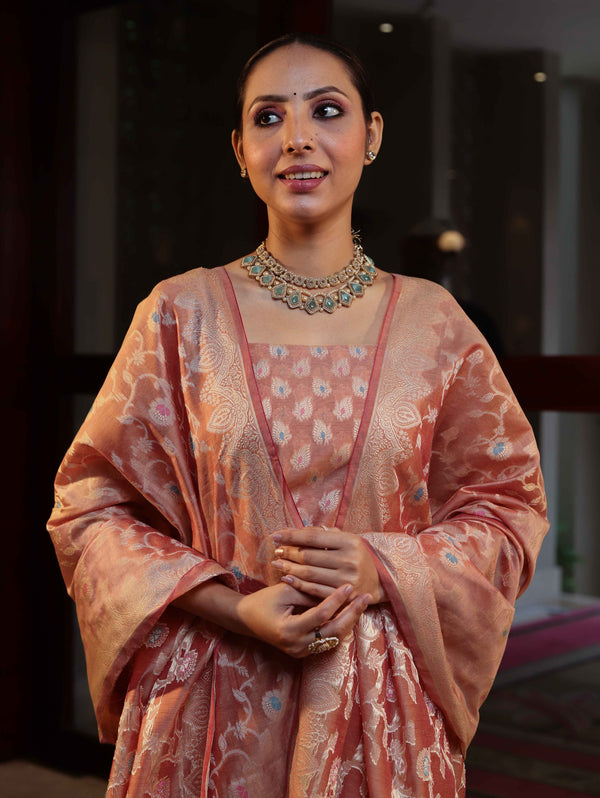 Banarasee Cotton Silk Zari Work Salwar Kameez Fabric With Dupatta Set-Peach
