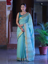 Bhagalpur Handloom Pure Linen Saree With Zari Checks Design-Aqua Green