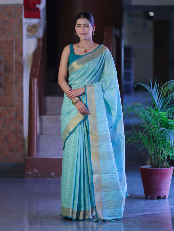 Bhagalpur Handloom Pure Linen Saree With Zari Checks Design-Aqua Green