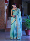 Bhagalpur Handloom Pure Linen Saree With Zari Checks Design-Aqua Green