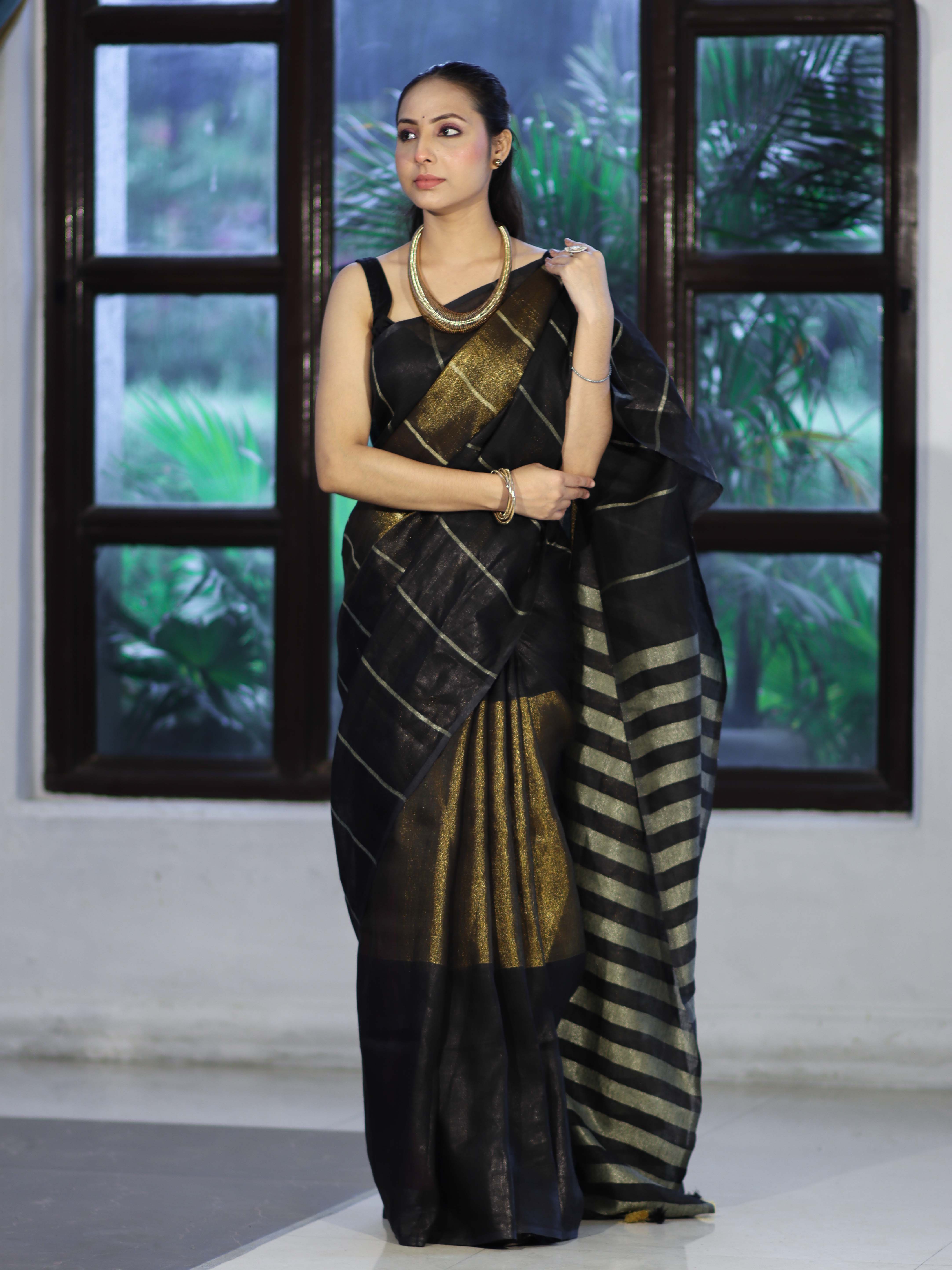 Bhagalpur Handloom Pure Linen Cotton Saree With Zari Stripes Design-Black & Gold