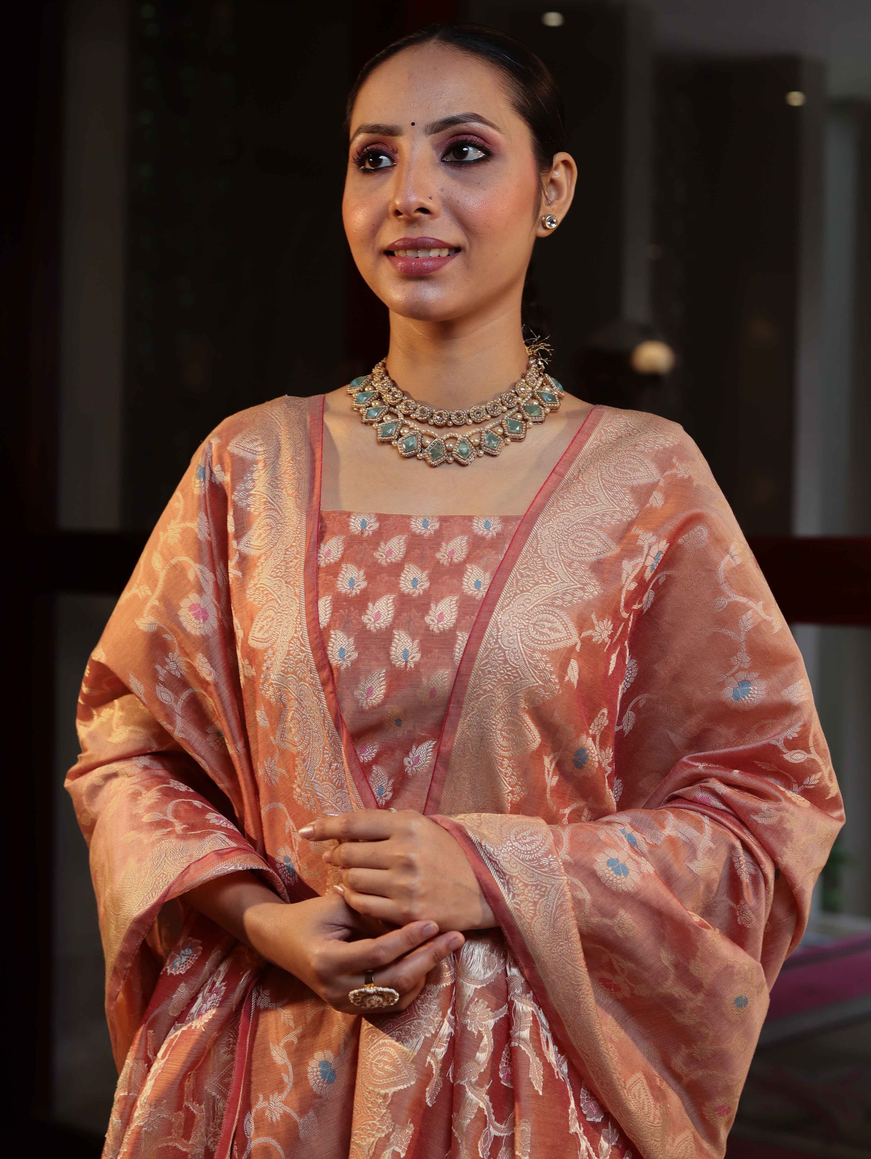 Banarasee Cotton Silk Zari Work Salwar Kameez Fabric With Dupatta Set-Peach