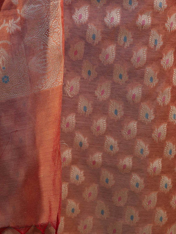 Banarasee Cotton Silk Zari Work Salwar Kameez Fabric With Dupatta Set-Peach